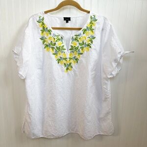 Talbots Plus White Linen & Cotton Lemon Embroidered Neckline Tie Sleeve Top 2X